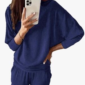 New Women’s Two Piece Set Pullover Loose Tops and Jogger Pants Dark Blue Small